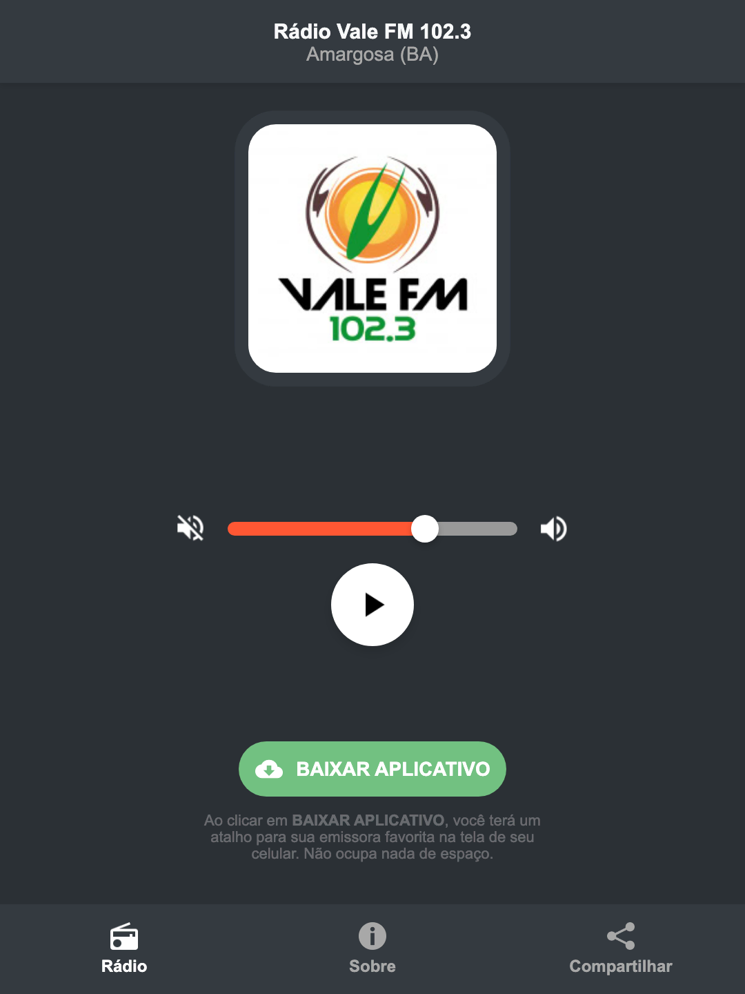Screenshot do aplicativo da Rádio Vale FM 102.3