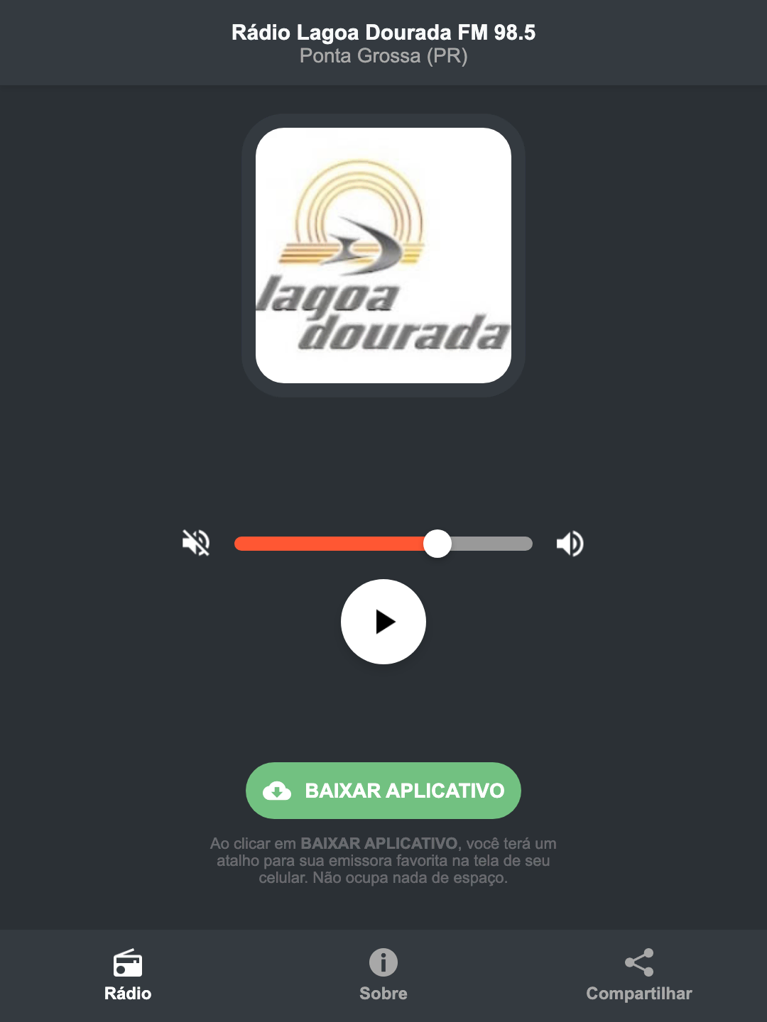 Screenshot do aplicativo da Rádio Lagoa Dourada FM 98.5