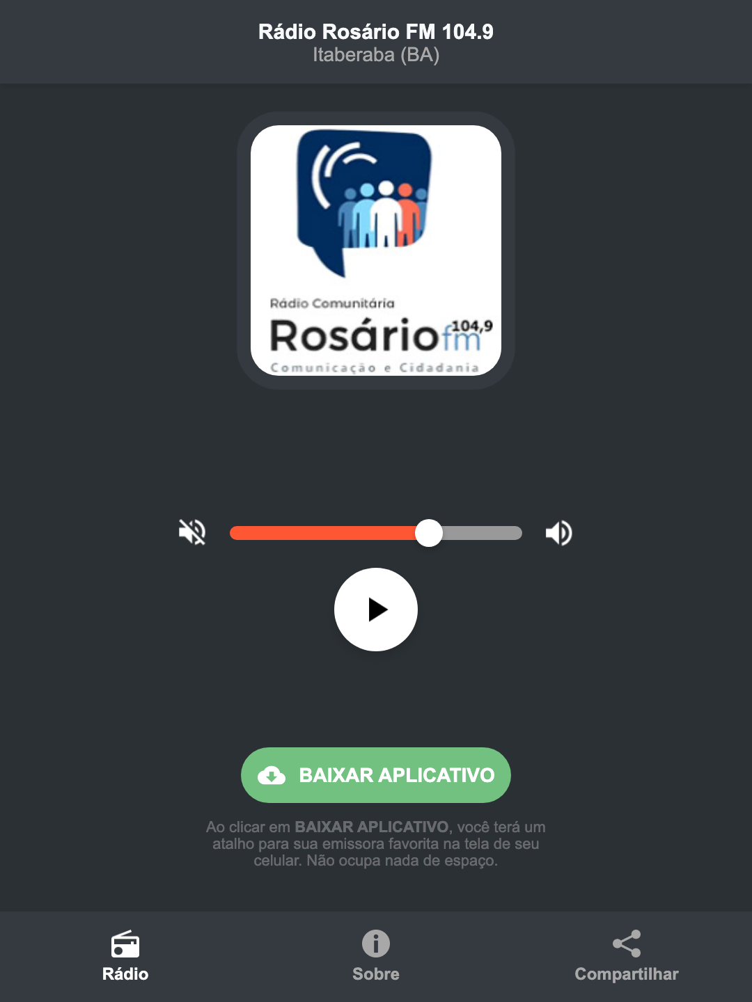 Screenshot do aplicativo da Rádio Rosário FM 104.9
