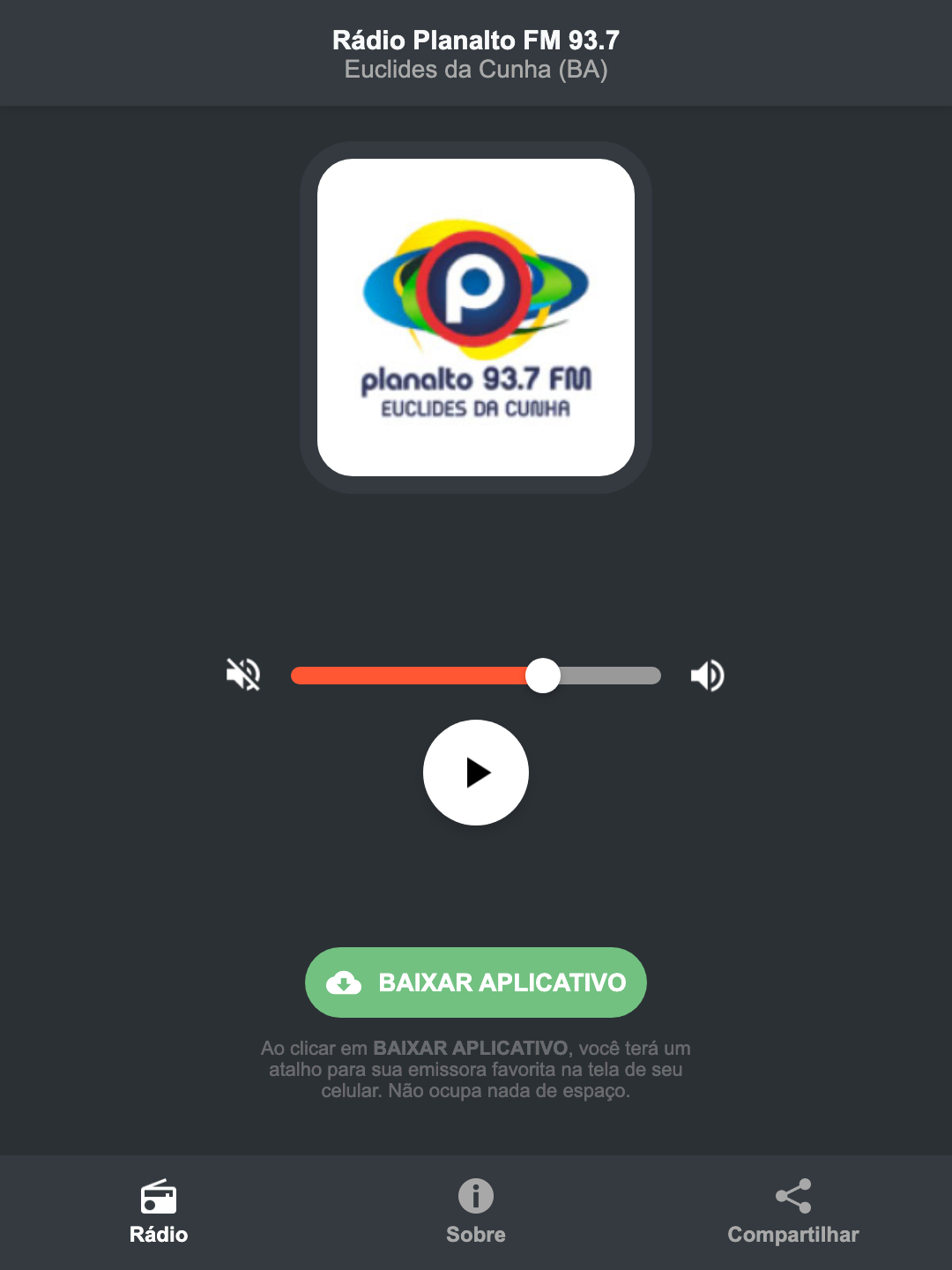Screenshot do aplicativo da Rádio Planalto FM 93.7