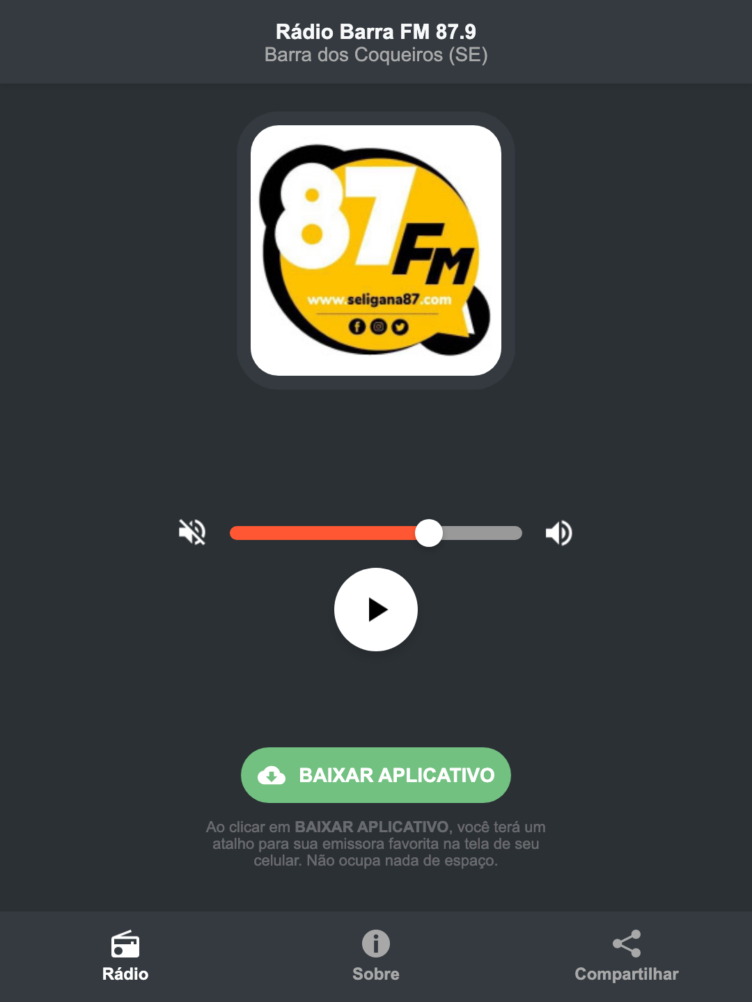 Screenshot do aplicativo da Rádio Barra FM 87.9