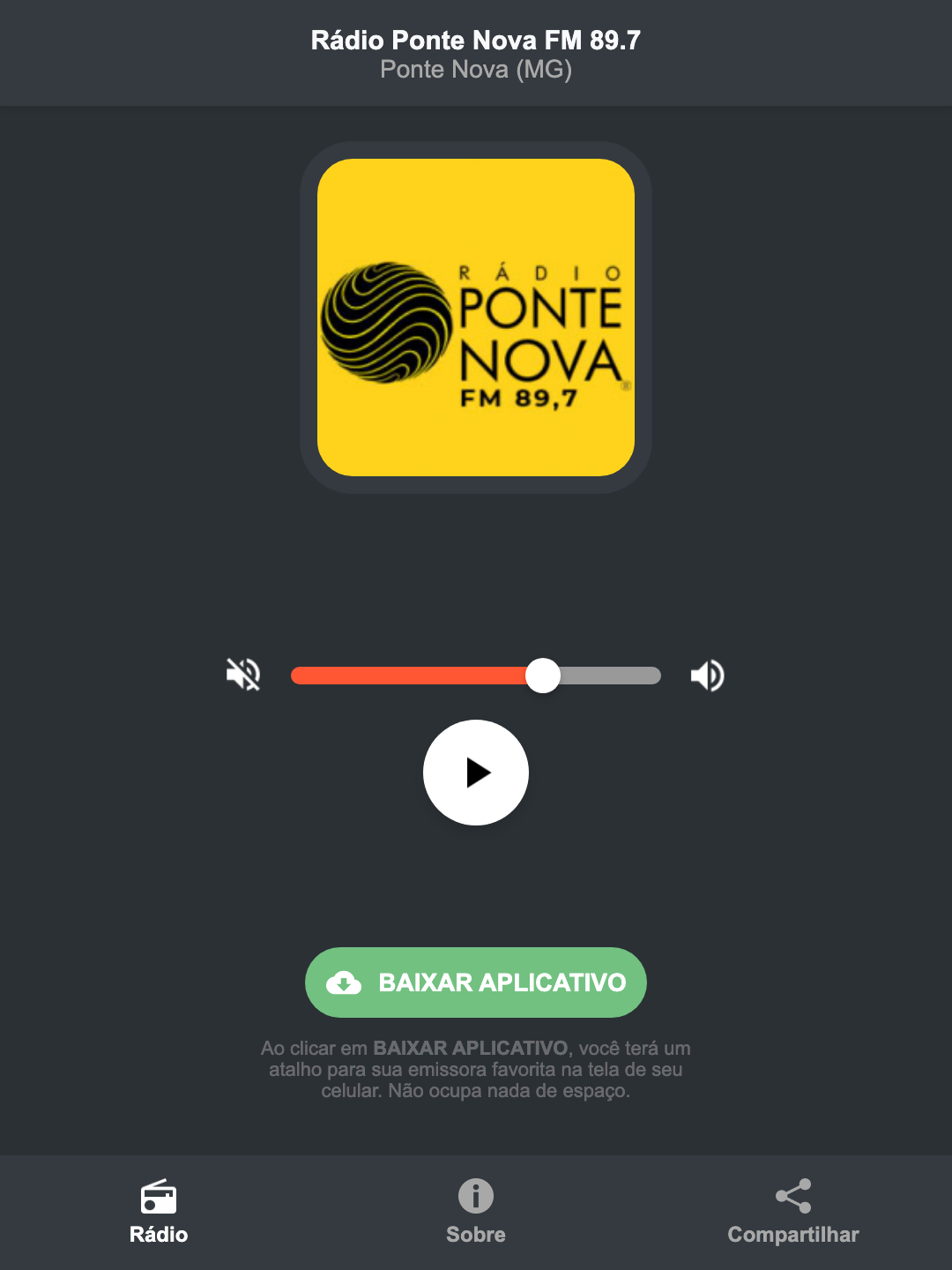 Screenshot do aplicativo da Rádio Ponte Nova FM 89.7