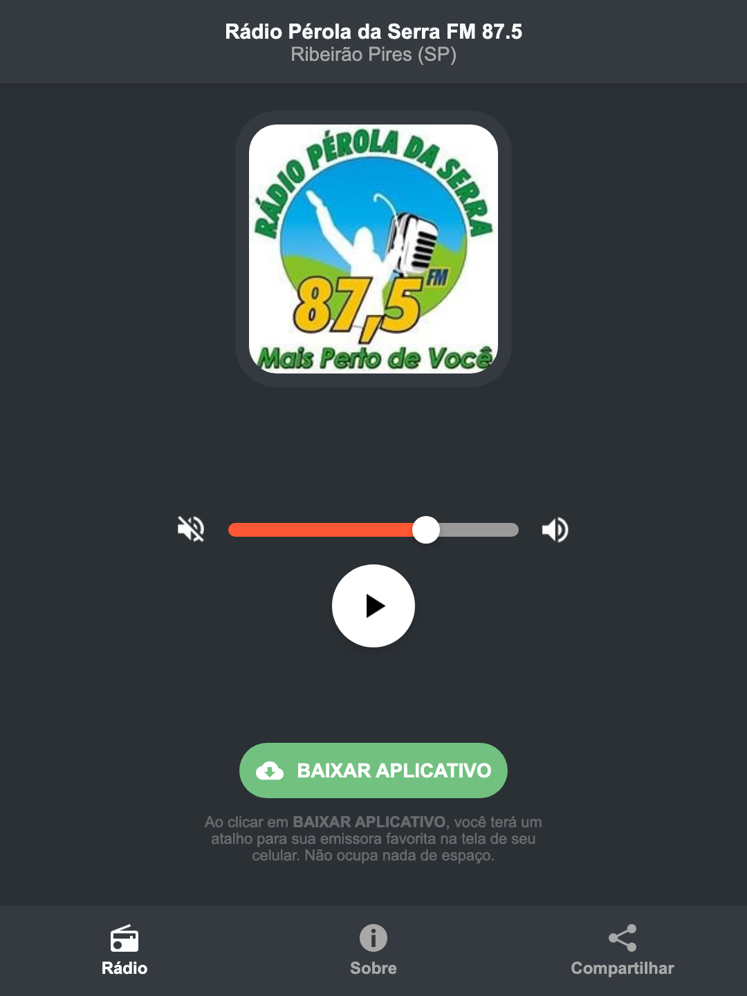 Screenshot do aplicativo da Rádio Pérola da Serra FM 87.5