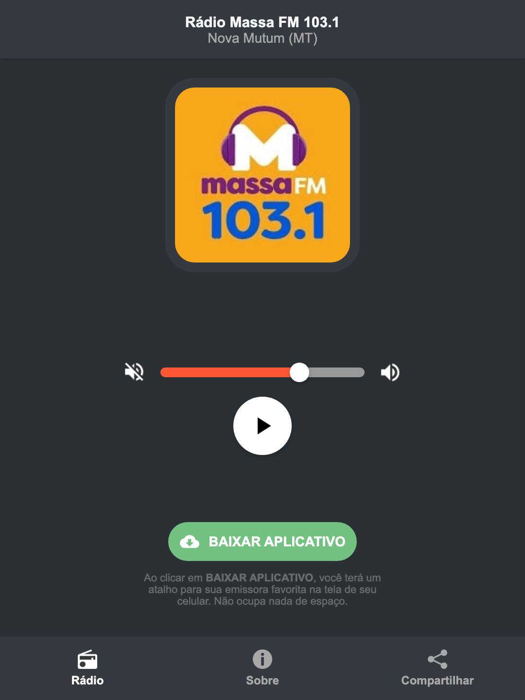 Screenshot do aplicativo da Rádio Massa FM 103.1