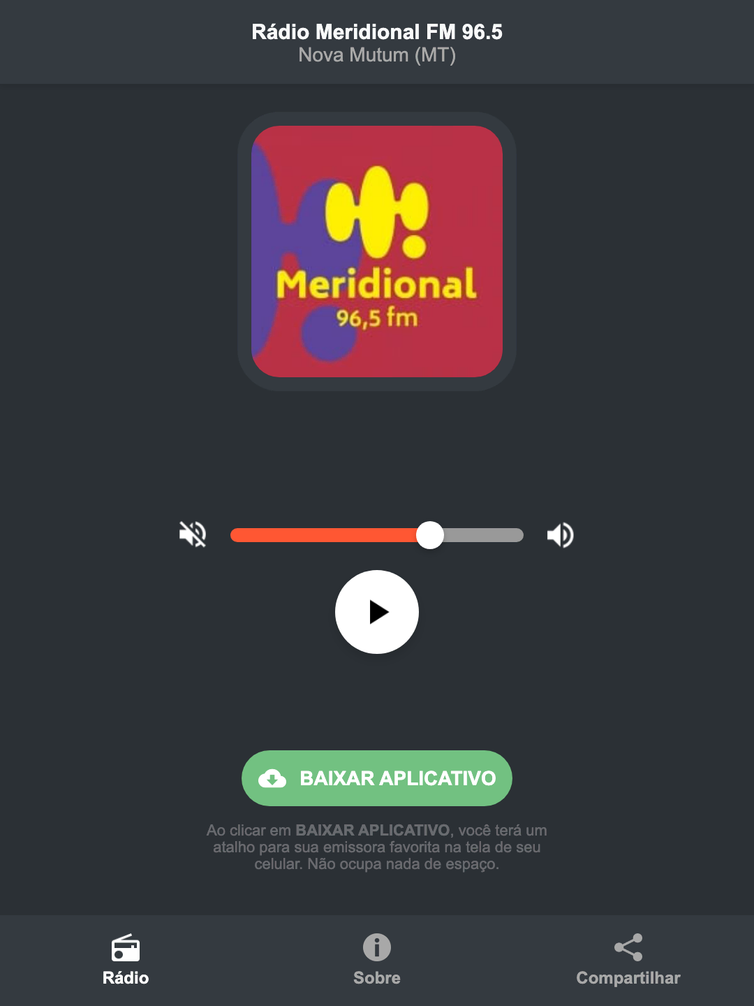 Screenshot do aplicativo da Rádio Meridional FM 96.5