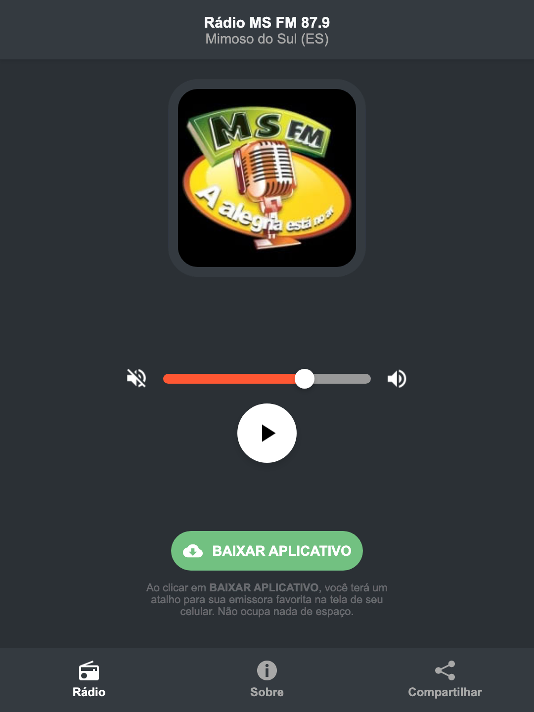 Screenshot do aplicativo da Rádio MS FM 87.9