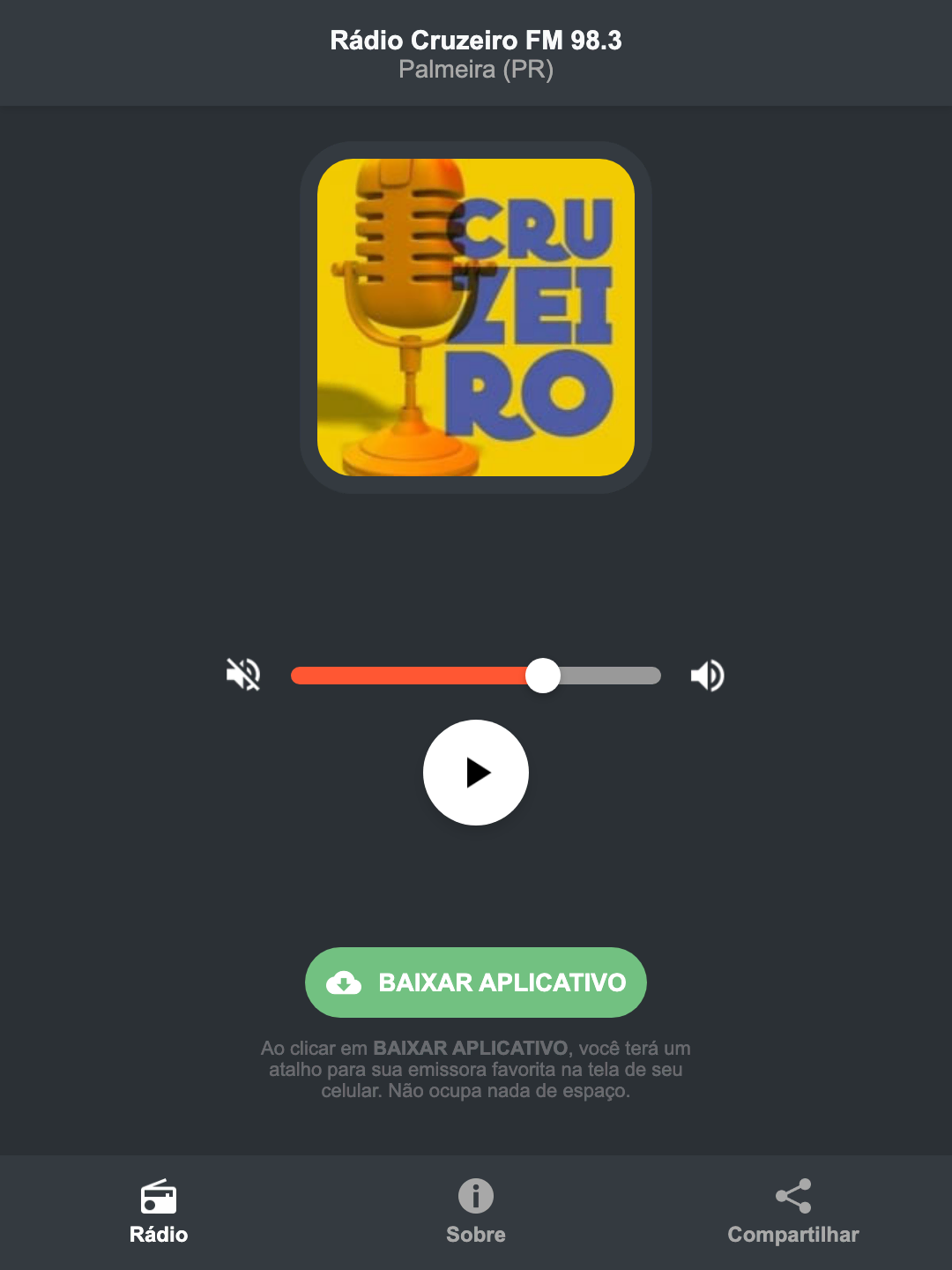 Screenshot do aplicativo da Rádio Cruzeiro FM 98.3