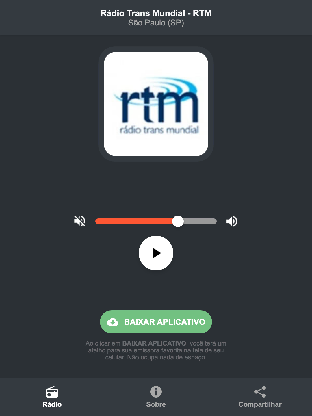 Screenshot do aplicativo da Rádio Trans Mundial - RTM