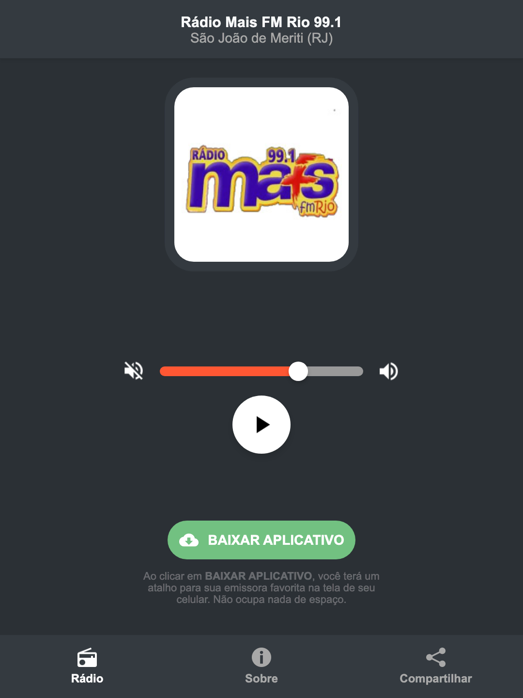 Screenshot do aplicativo da Rádio Mais FM Rio 99.1