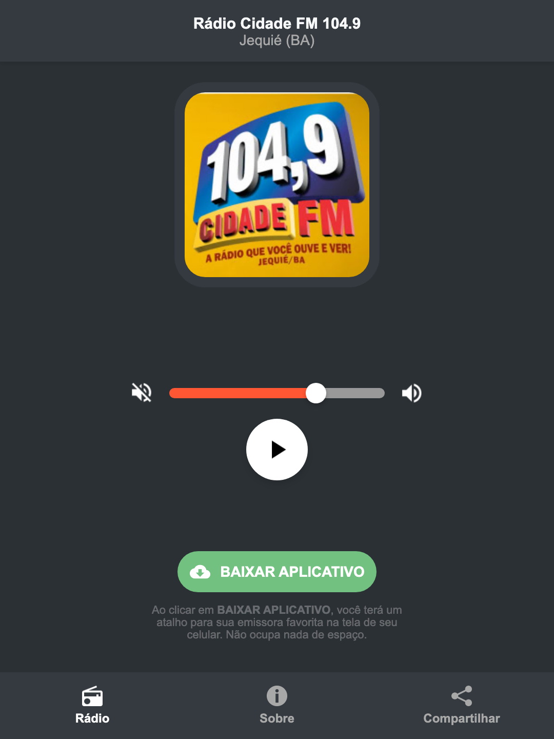 Screenshot do aplicativo da Rádio Cidade FM 104.9