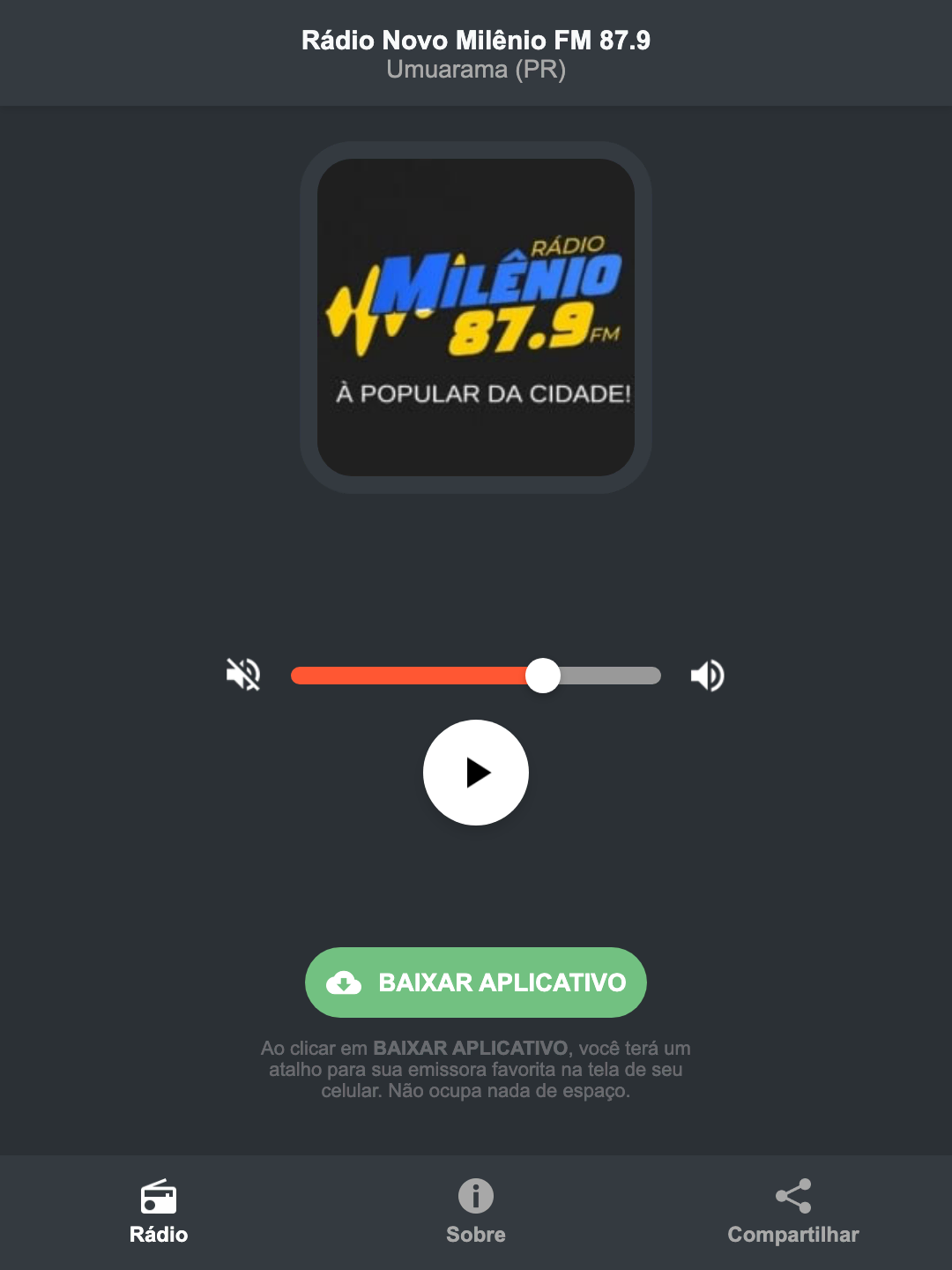 Screenshot do aplicativo da Rádio Novo Milênio FM 87.9