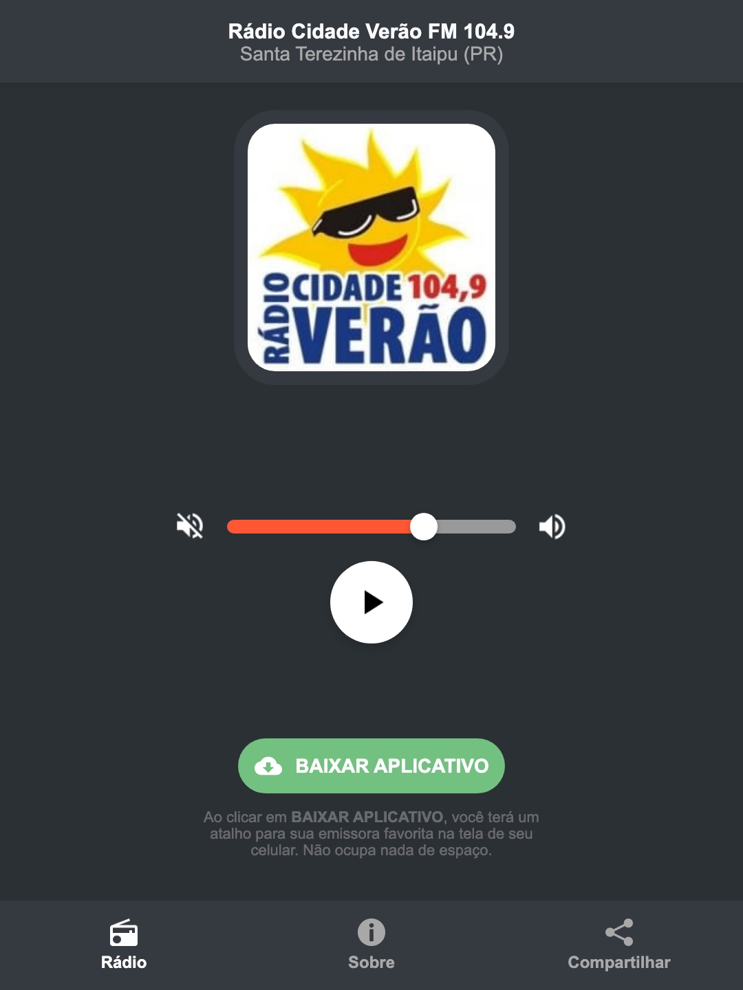 Screenshot do aplicativo da Rádio Cidade Verão FM 104.9