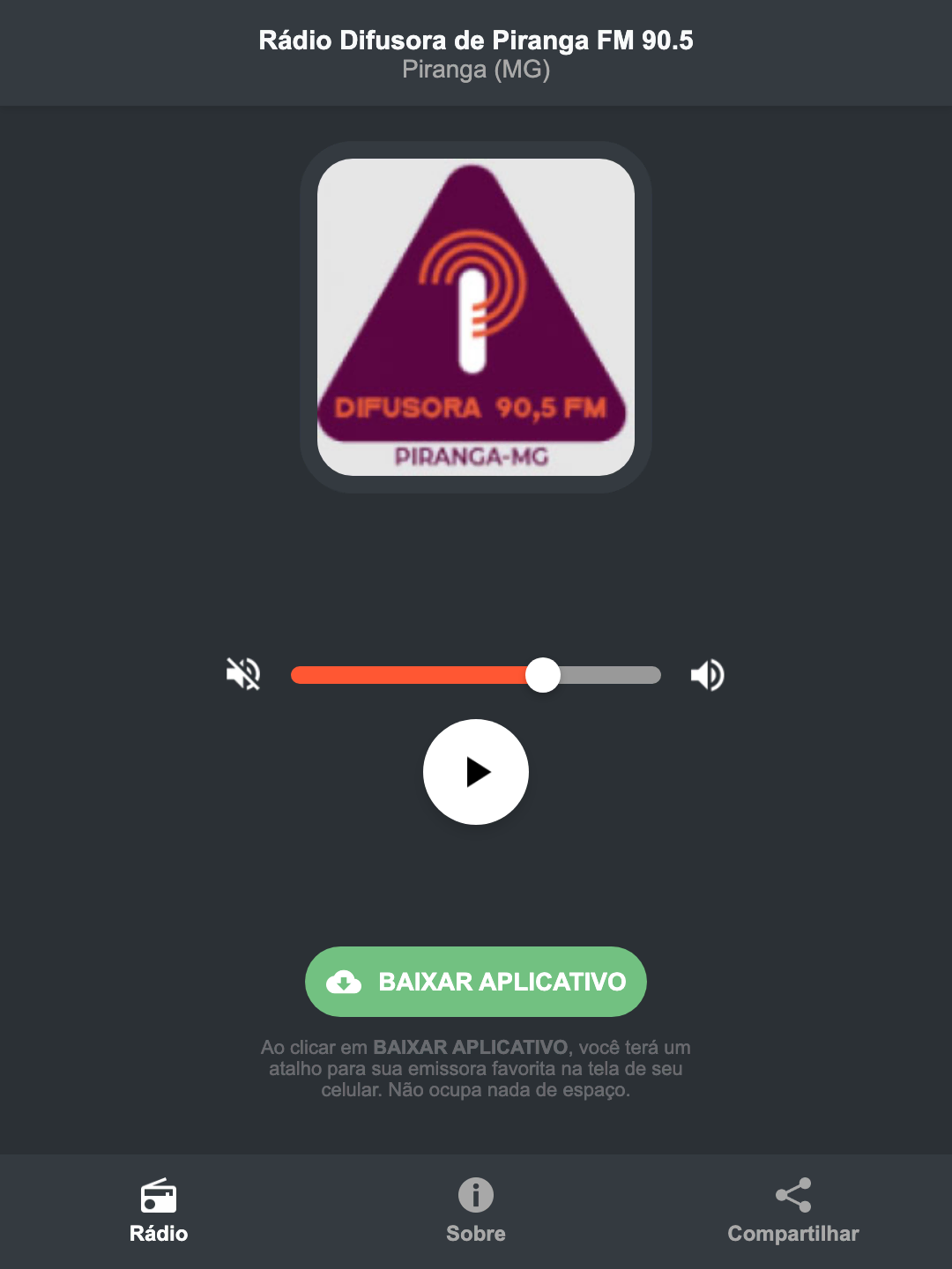 Screenshot do aplicativo da Rádio Difusora de Piranga FM 90.5