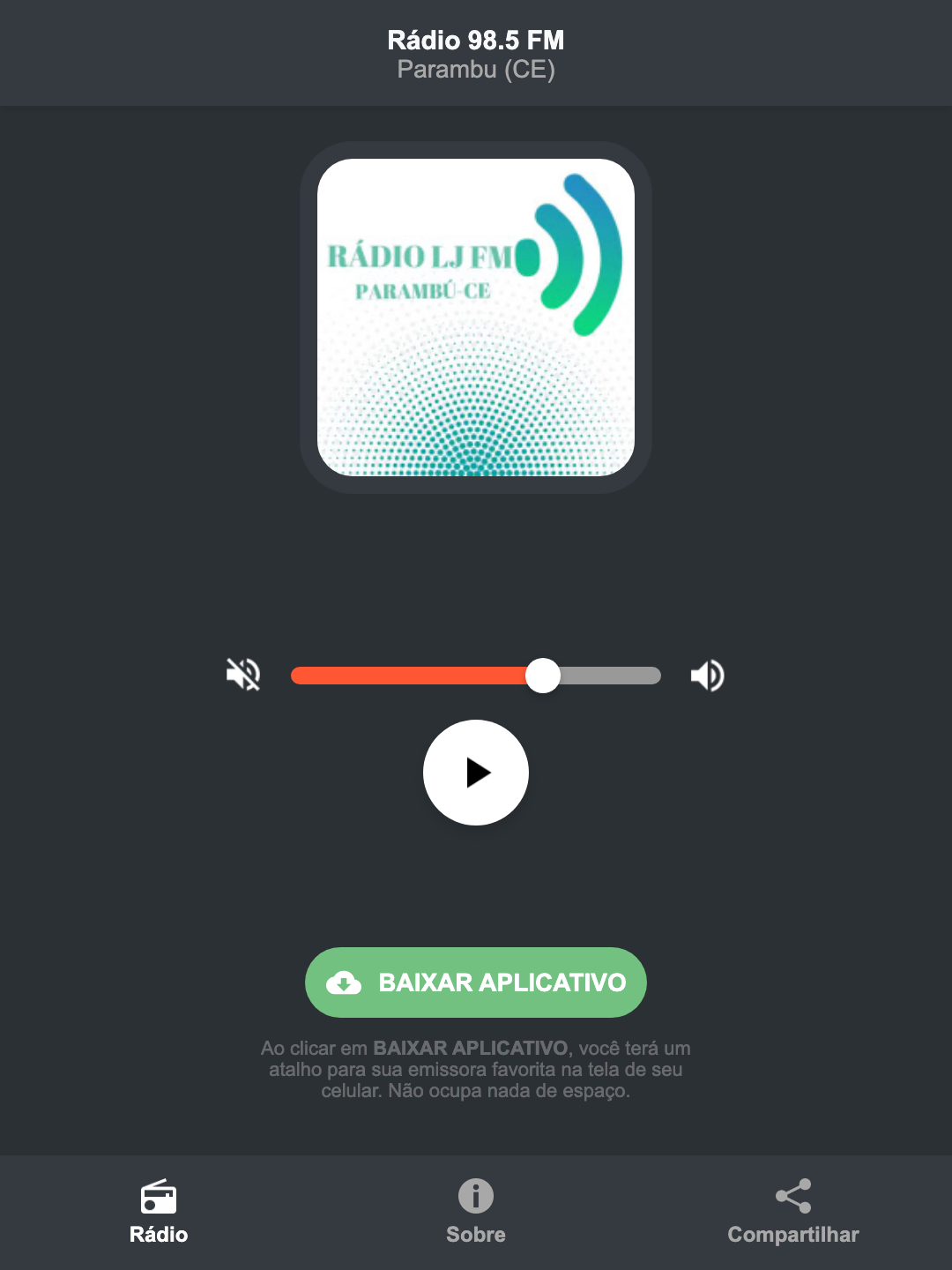 Screenshot do aplicativo da Rádio 98.5 FM