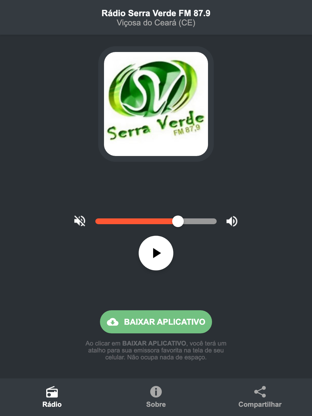 Screenshot do aplicativo da Rádio Serra Verde FM 87.9