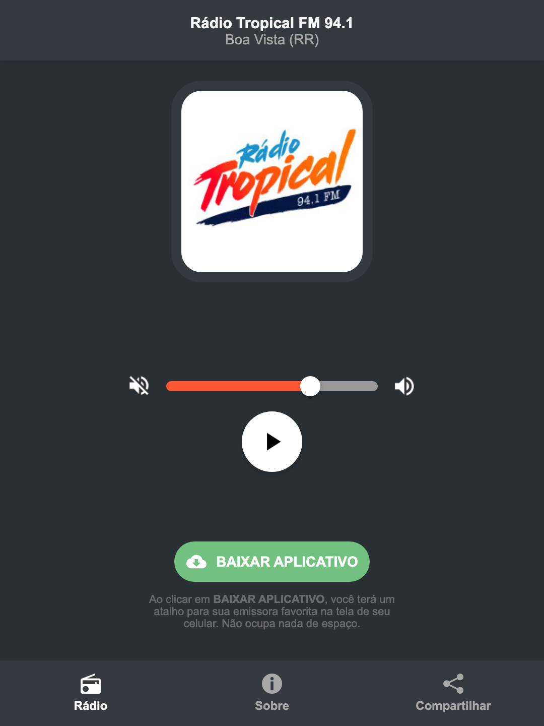 Screenshot do aplicativo da Rádio Tropical FM 94.1