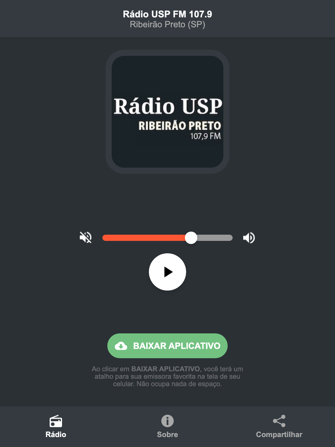 Screenshot do aplicativo da Rádio USP FM 107.9