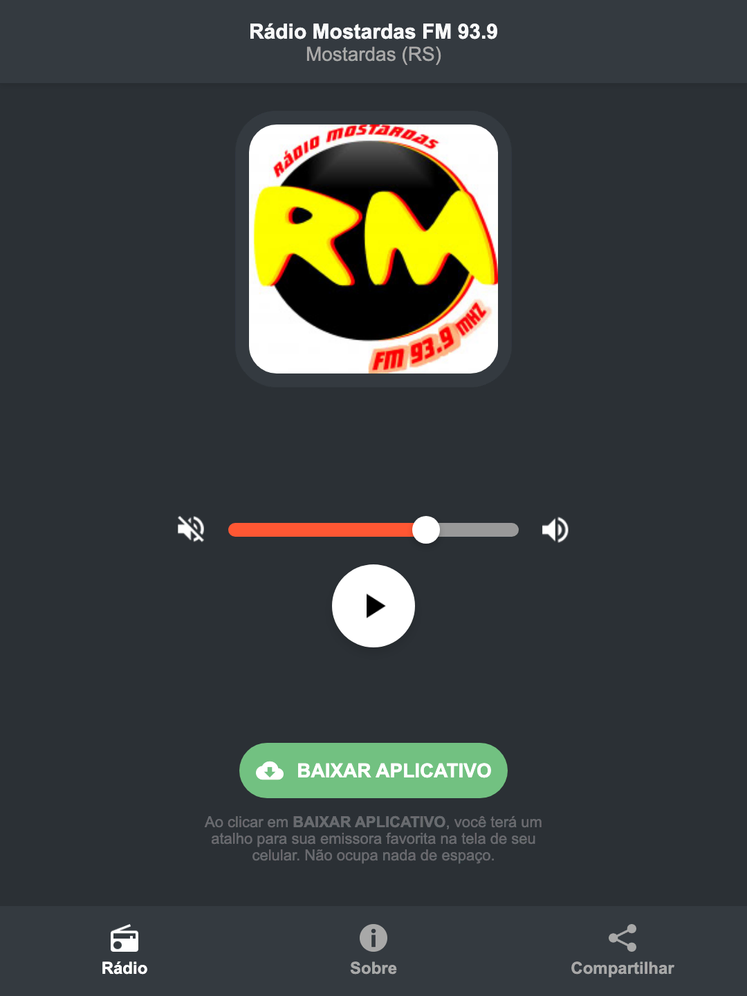 Screenshot do aplicativo da Rádio Mostardas FM 93.9