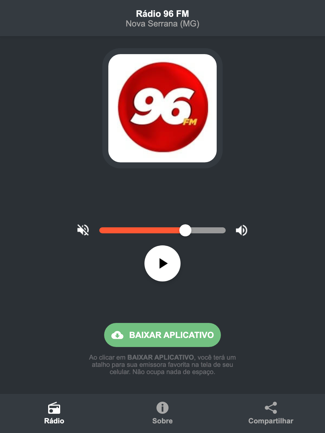 Screenshot do aplicativo da Rádio 96 FM
