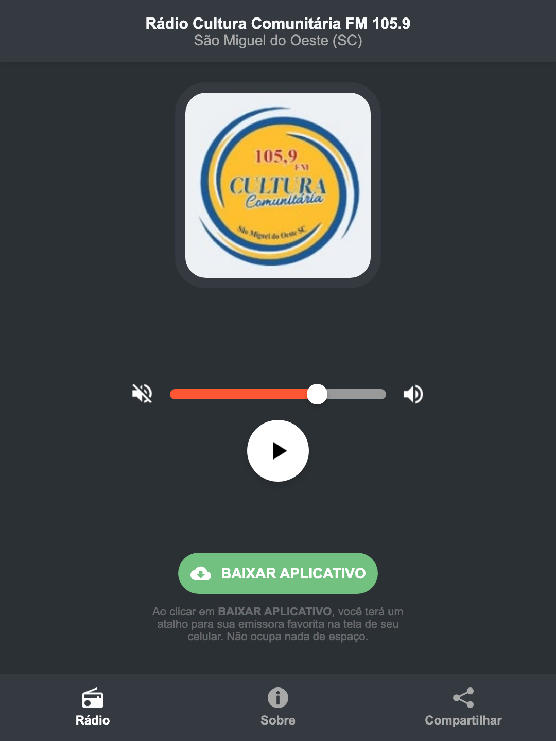 Screenshot do aplicativo da Rádio Cultura Comunitária FM 105.9