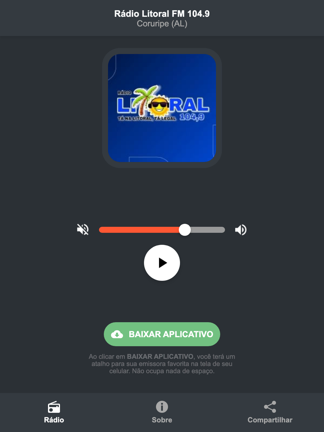 Screenshot do aplicativo da Rádio Litoral FM 104.9