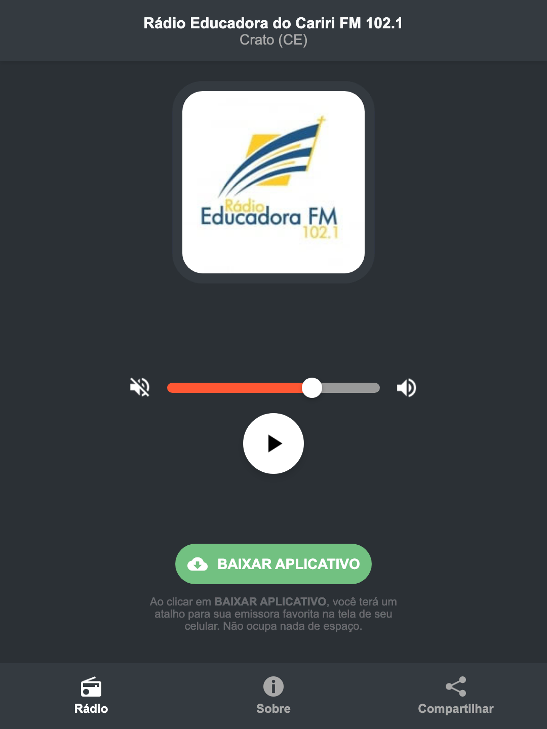 Screenshot do aplicativo da Rádio Educadora do Cariri FM 102.1