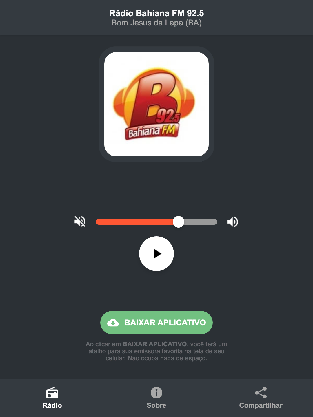 Screenshot do aplicativo da Rádio Bahiana FM 92.5