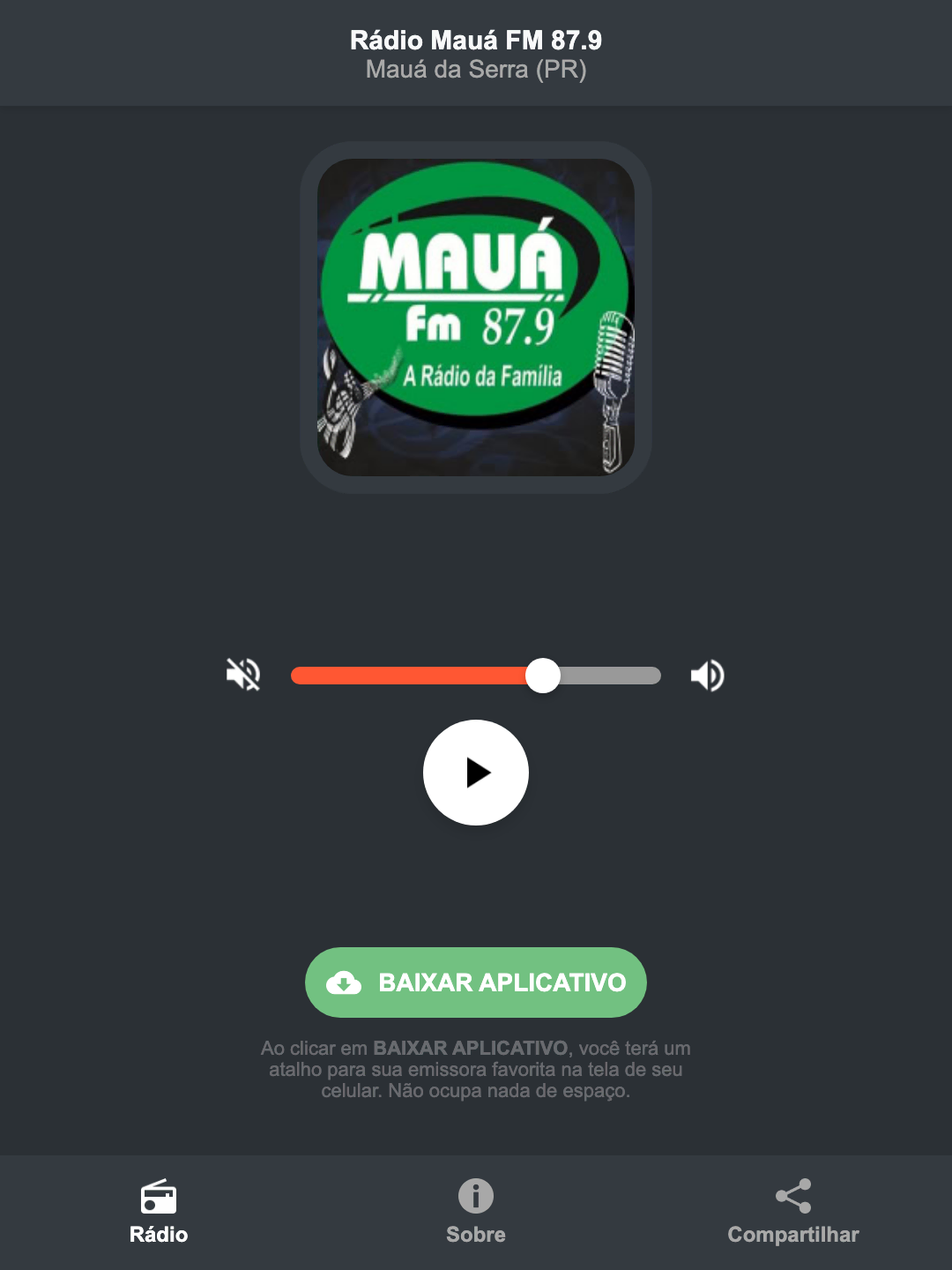 Screenshot do aplicativo da Rádio Mauá FM 87.9