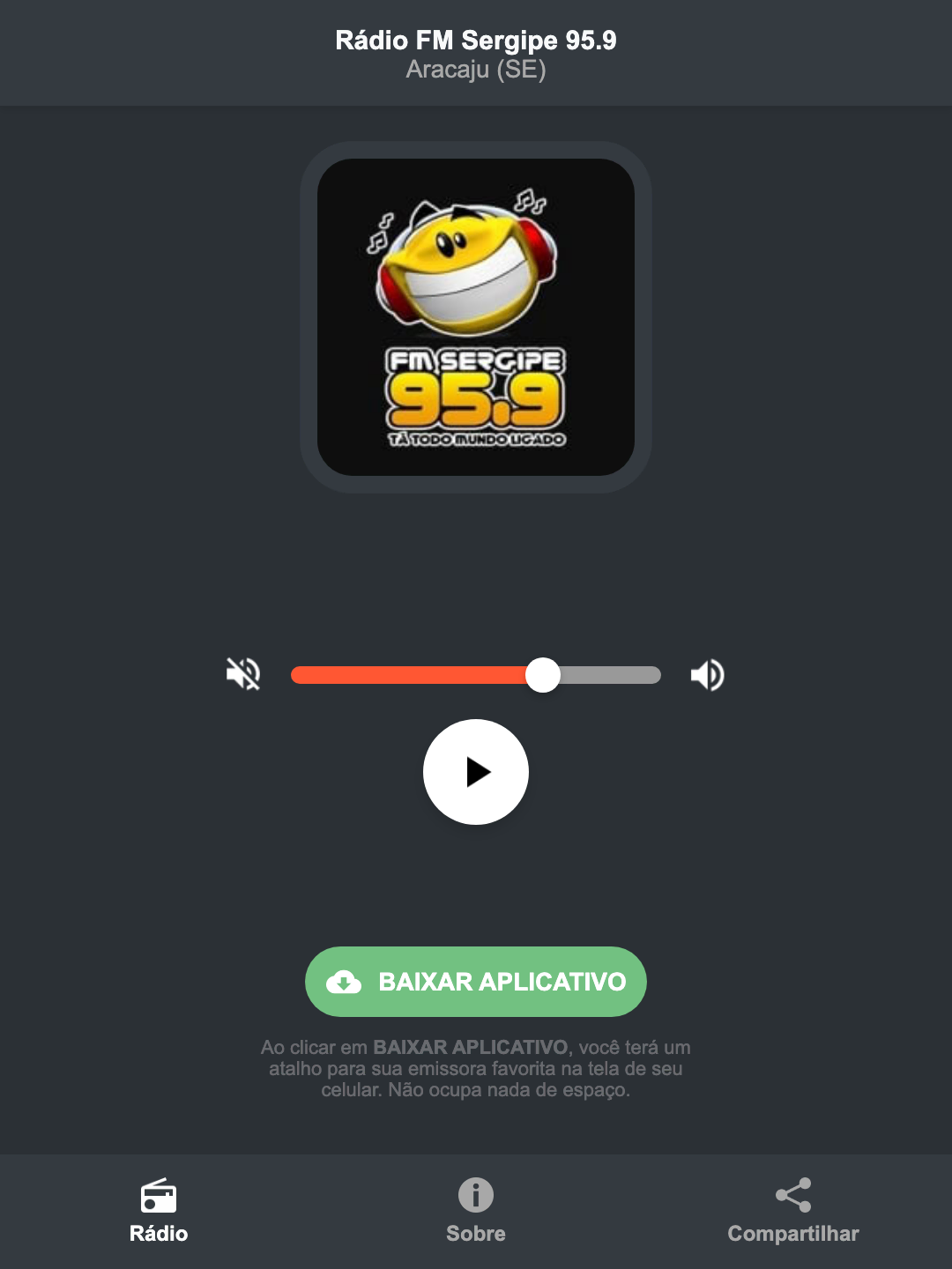 Screenshot do aplicativo da Rádio FM Sergipe 95.9