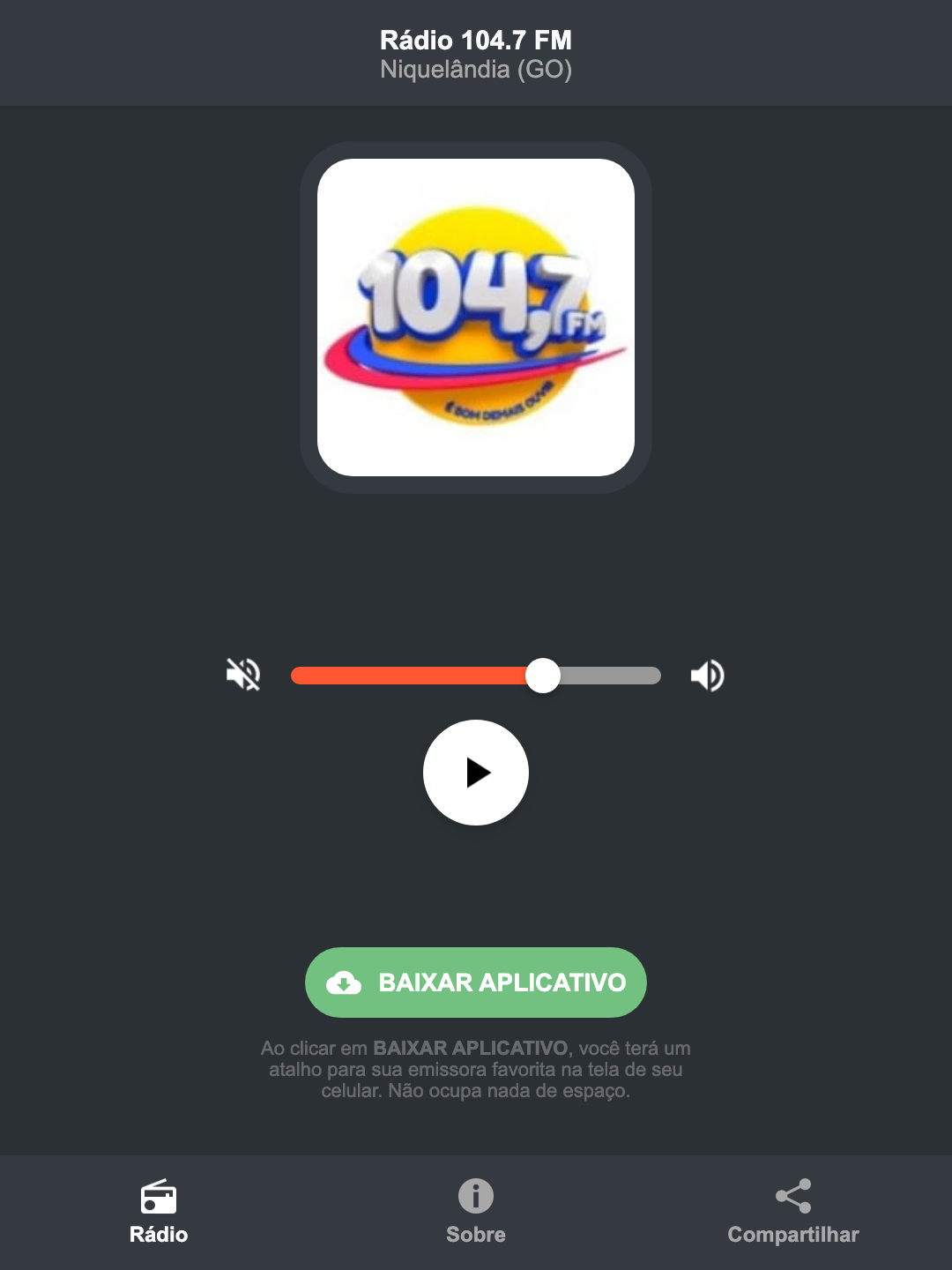 Screenshot do aplicativo da Rádio 104.7 FM