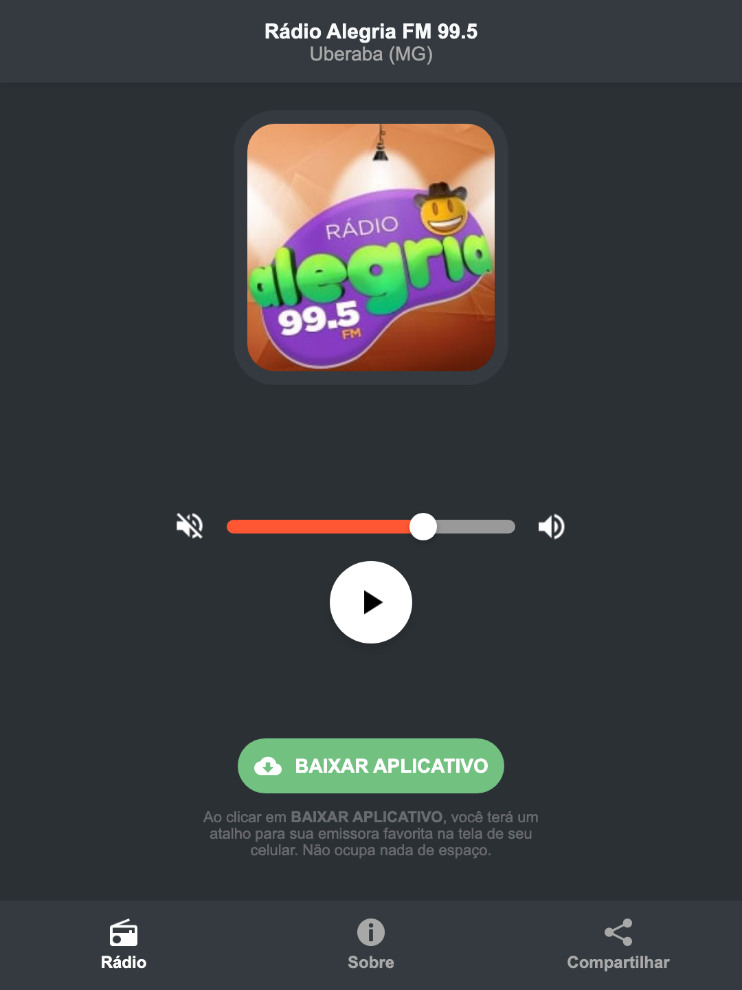 Screenshot do aplicativo da Rádio Alegria FM 99.5