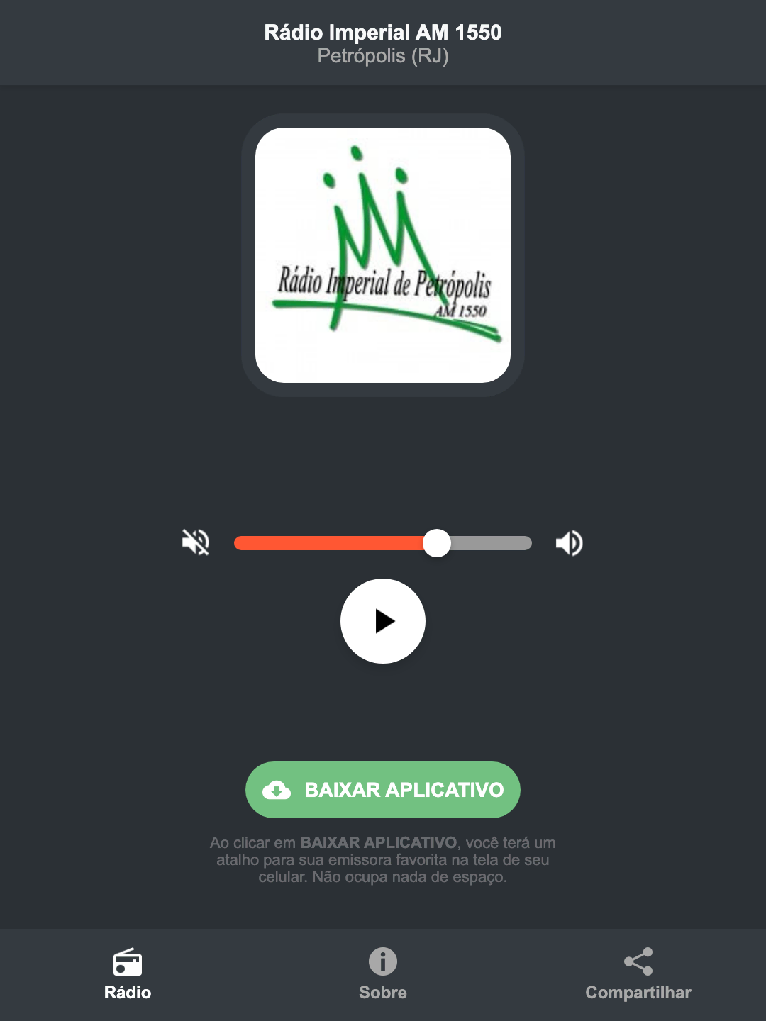 Screenshot do aplicativo da Rádio Imperial AM 1550