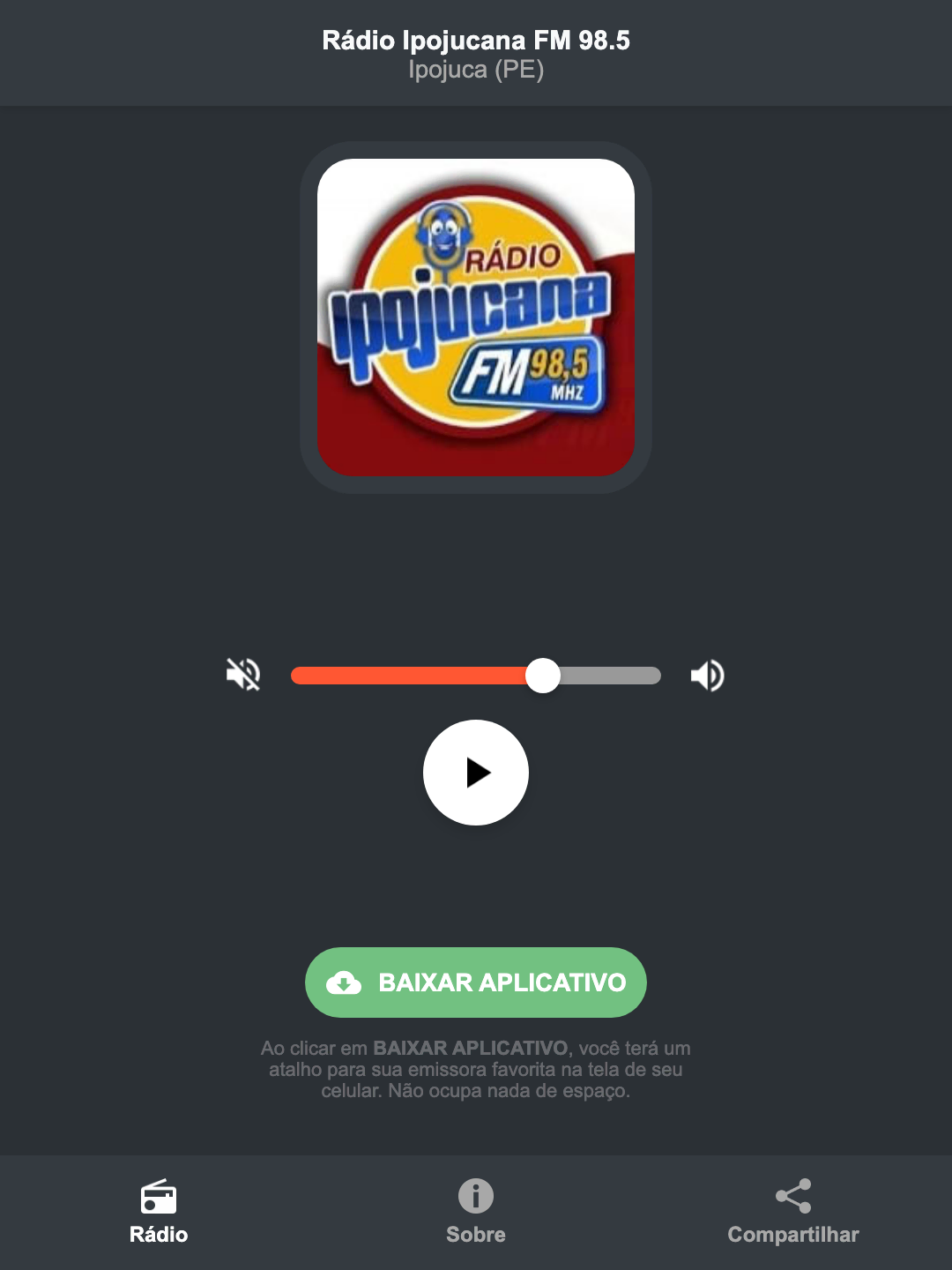Screenshot do aplicativo da Rádio Ipojucana FM 98.5