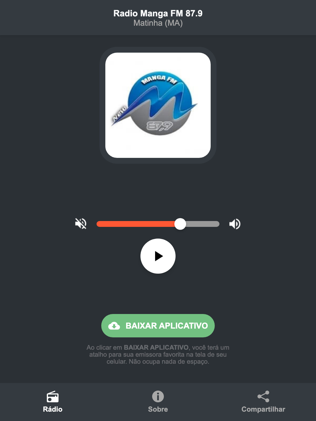 Screenshot do aplicativo da Radio Manga FM 87.9