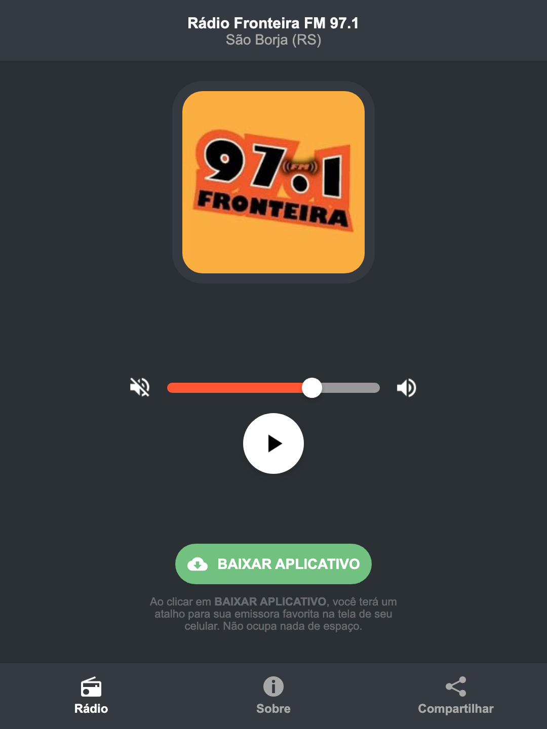 Screenshot do aplicativo da Rádio Fronteira FM 97.1