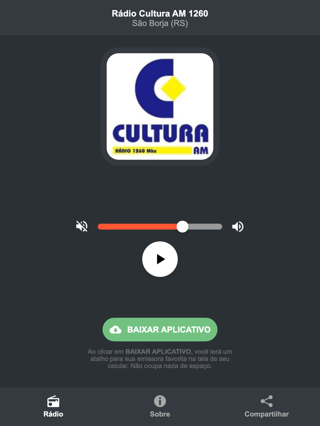 Screenshot do aplicativo da Rádio Cultura AM 1260