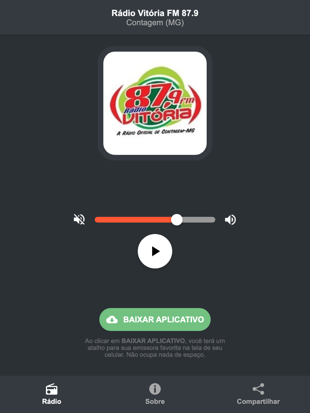 Screenshot do aplicativo da Rádio Vitória FM 87.9