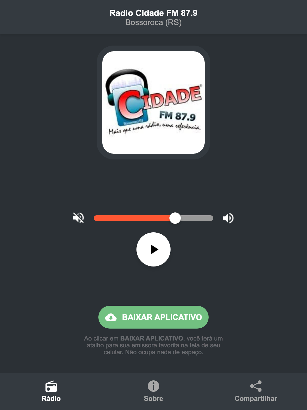 Screenshot do aplicativo da Radio Cidade FM 87.9