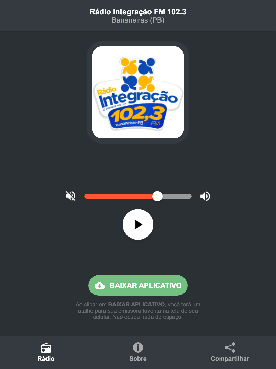 Screenshot do aplicativo da Rádio Integração FM 102.3