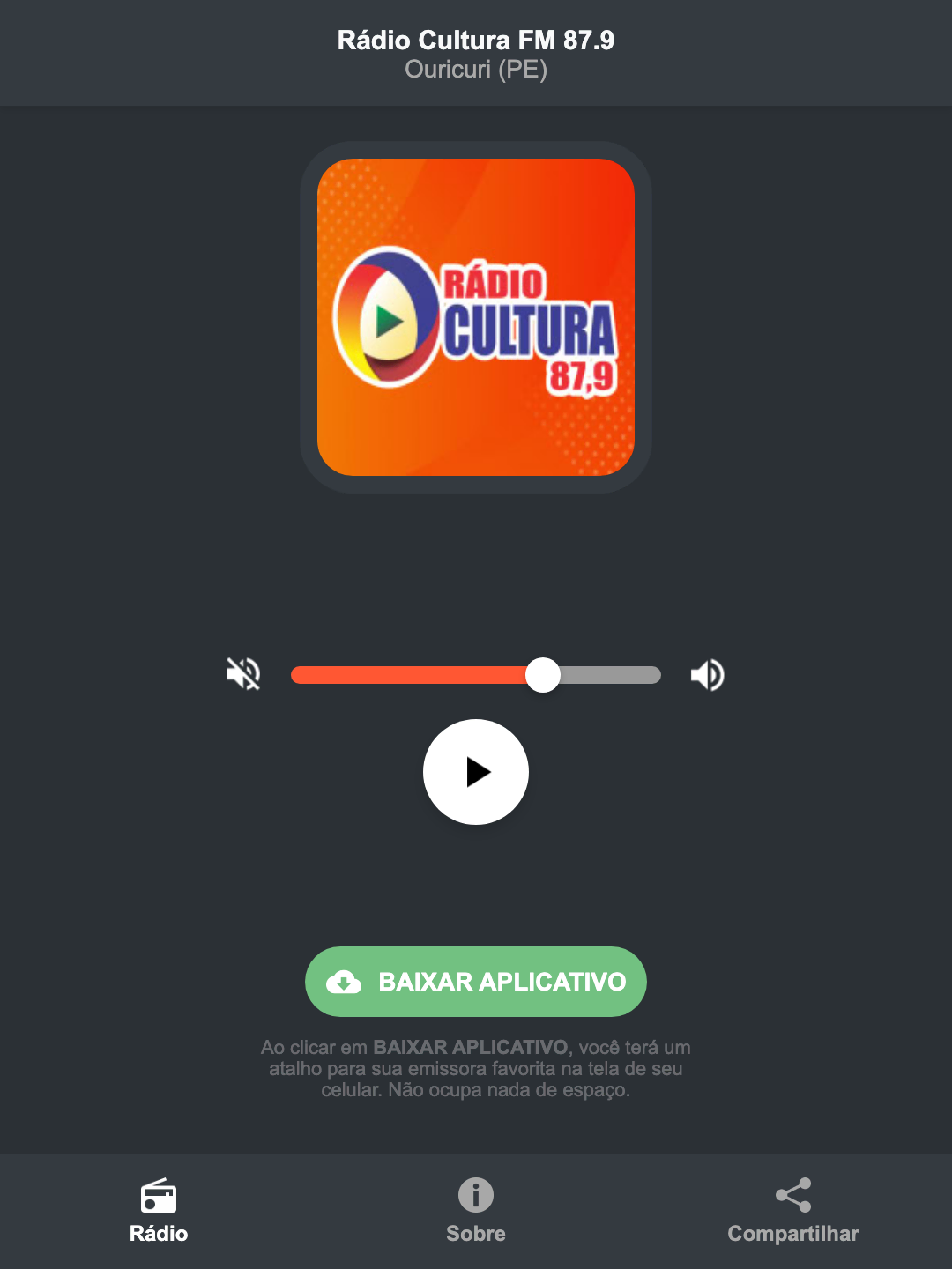 Screenshot do aplicativo da Rádio Cultura FM 87.9