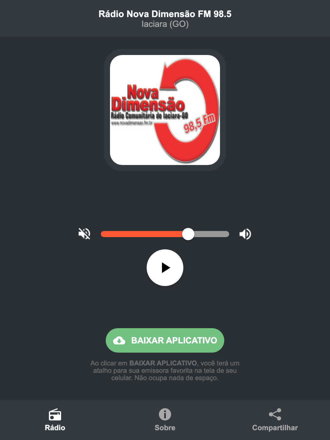 Screenshot do aplicativo da Rádio Nova Dimensão FM 98.5