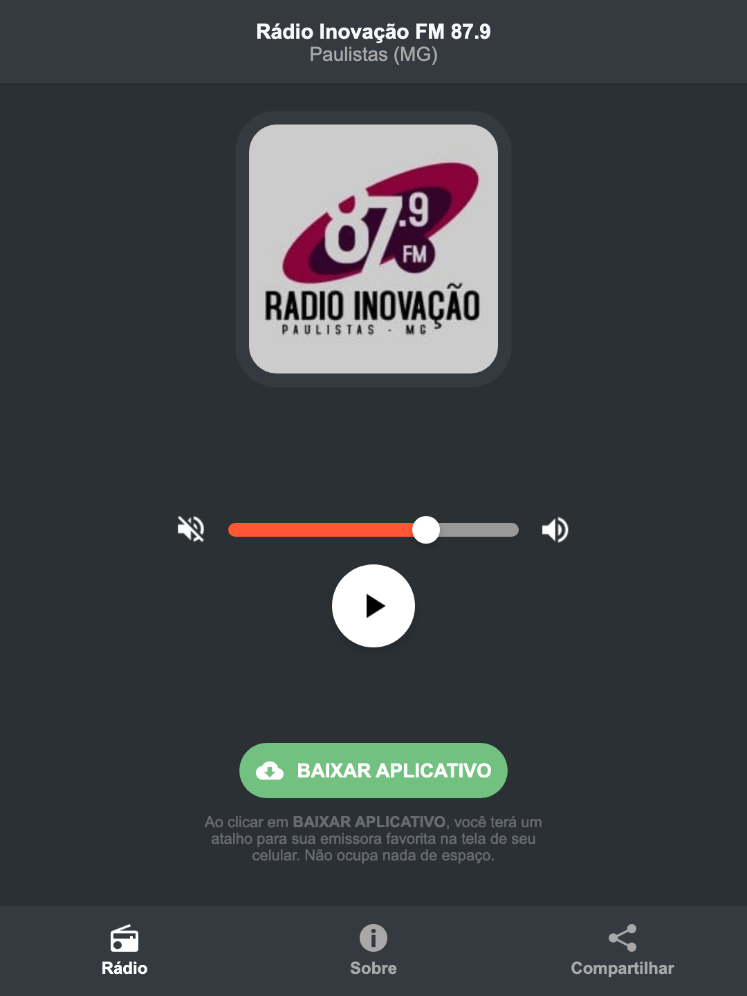 Screenshot do aplicativo da Rádio Inovação FM 87.9