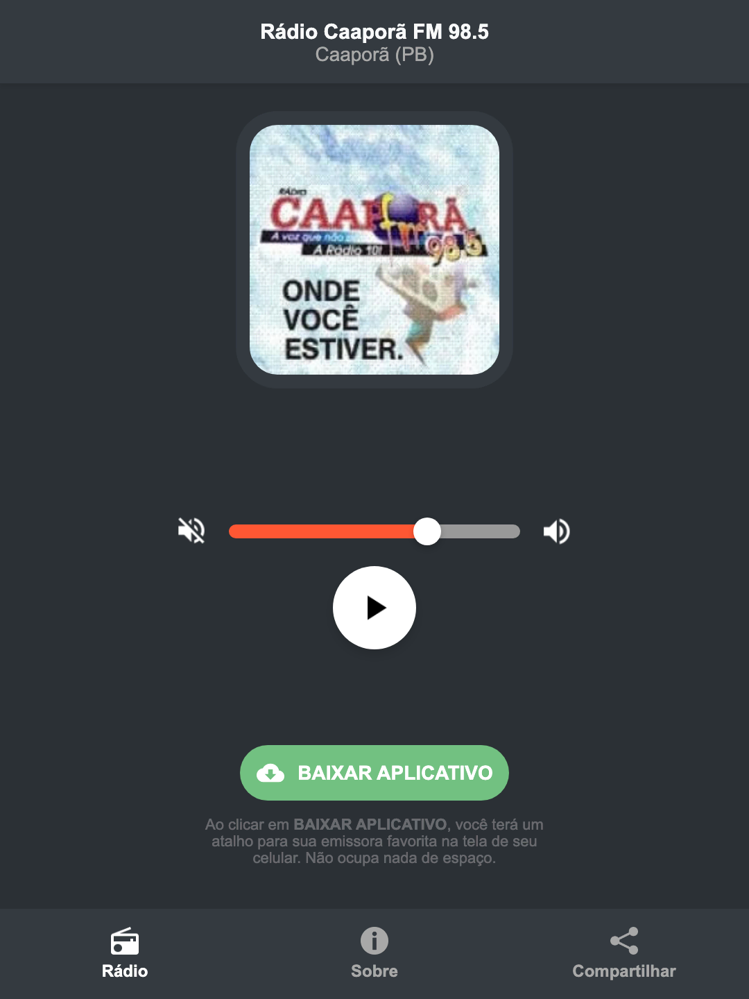 Screenshot do aplicativo da Rádio Caaporã FM 98.5