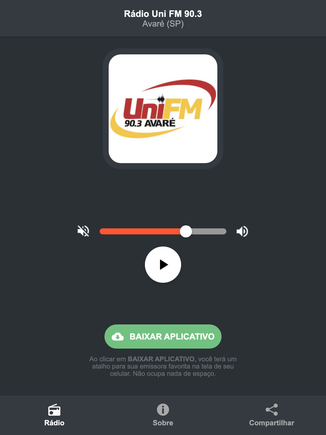Screenshot do aplicativo da Rádio Uni FM 90.3