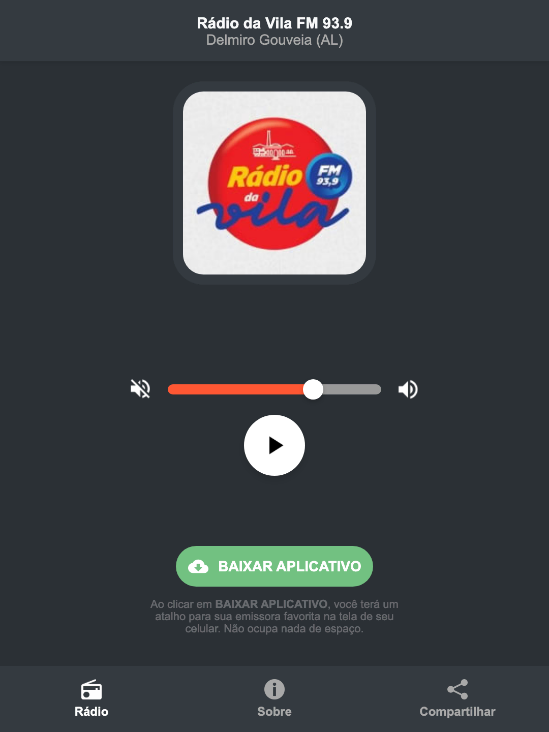 Screenshot do aplicativo da Rádio da Vila FM 93.9