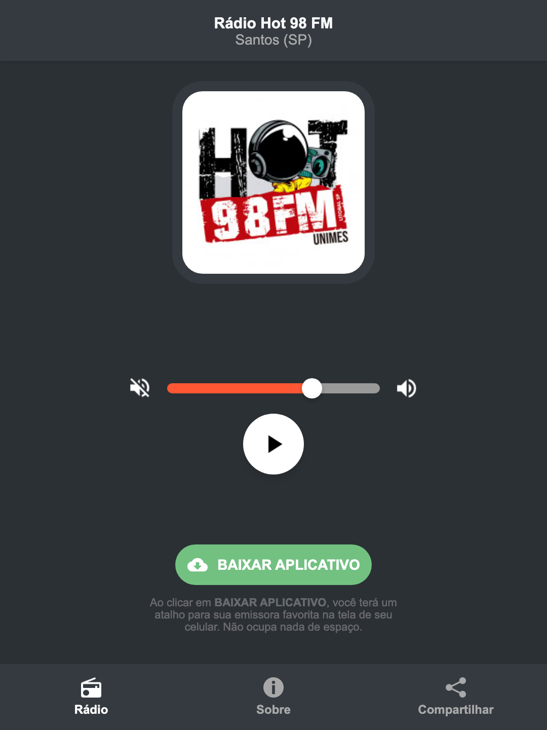 Screenshot do aplicativo da Rádio Hot 98 FM