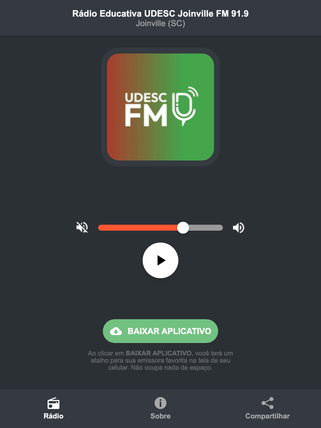 Screenshot do aplicativo da Rádio Educativa UDESC Joinville FM 91.9