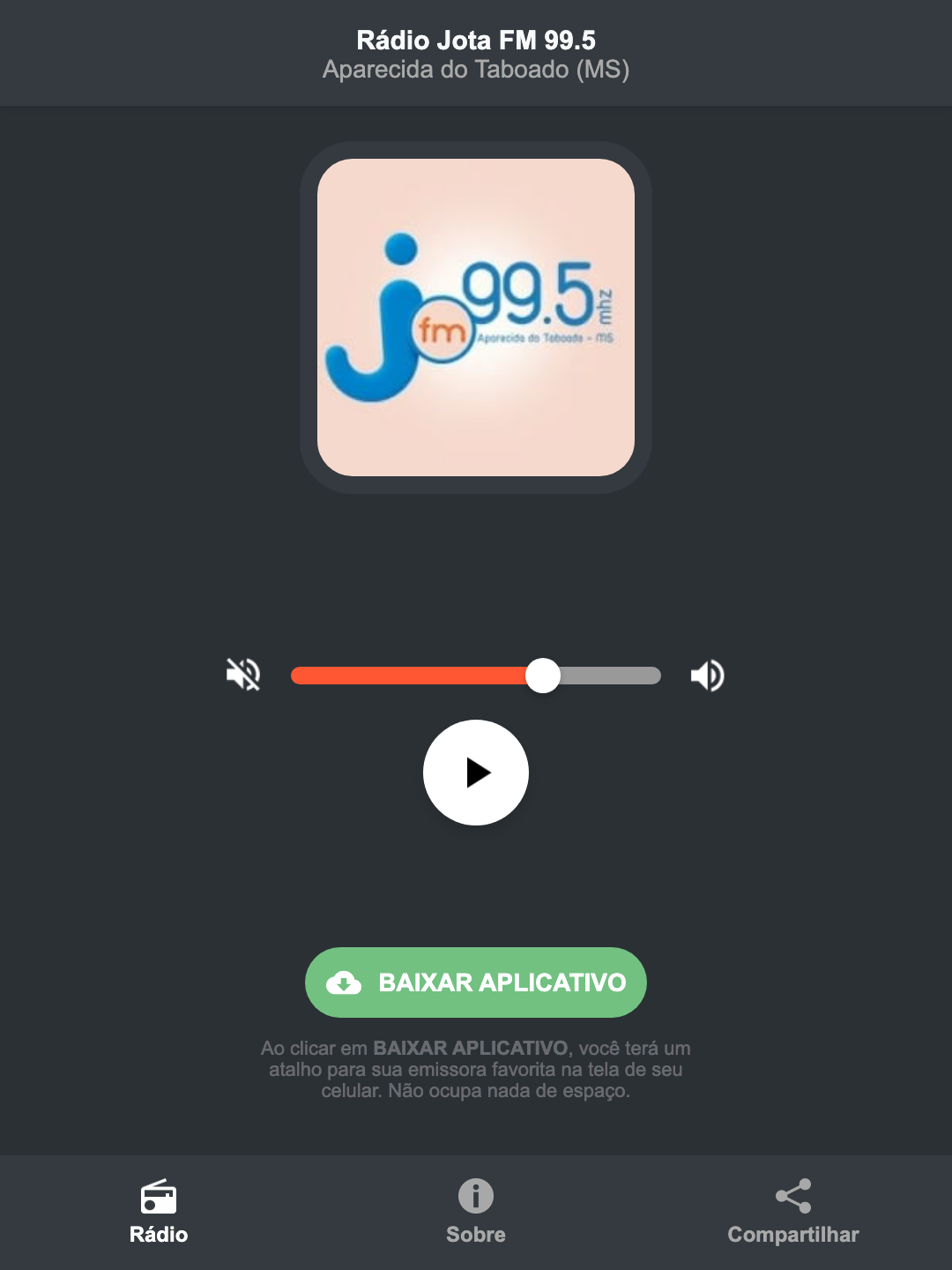 Screenshot do aplicativo da Rádio Jota FM 99.5