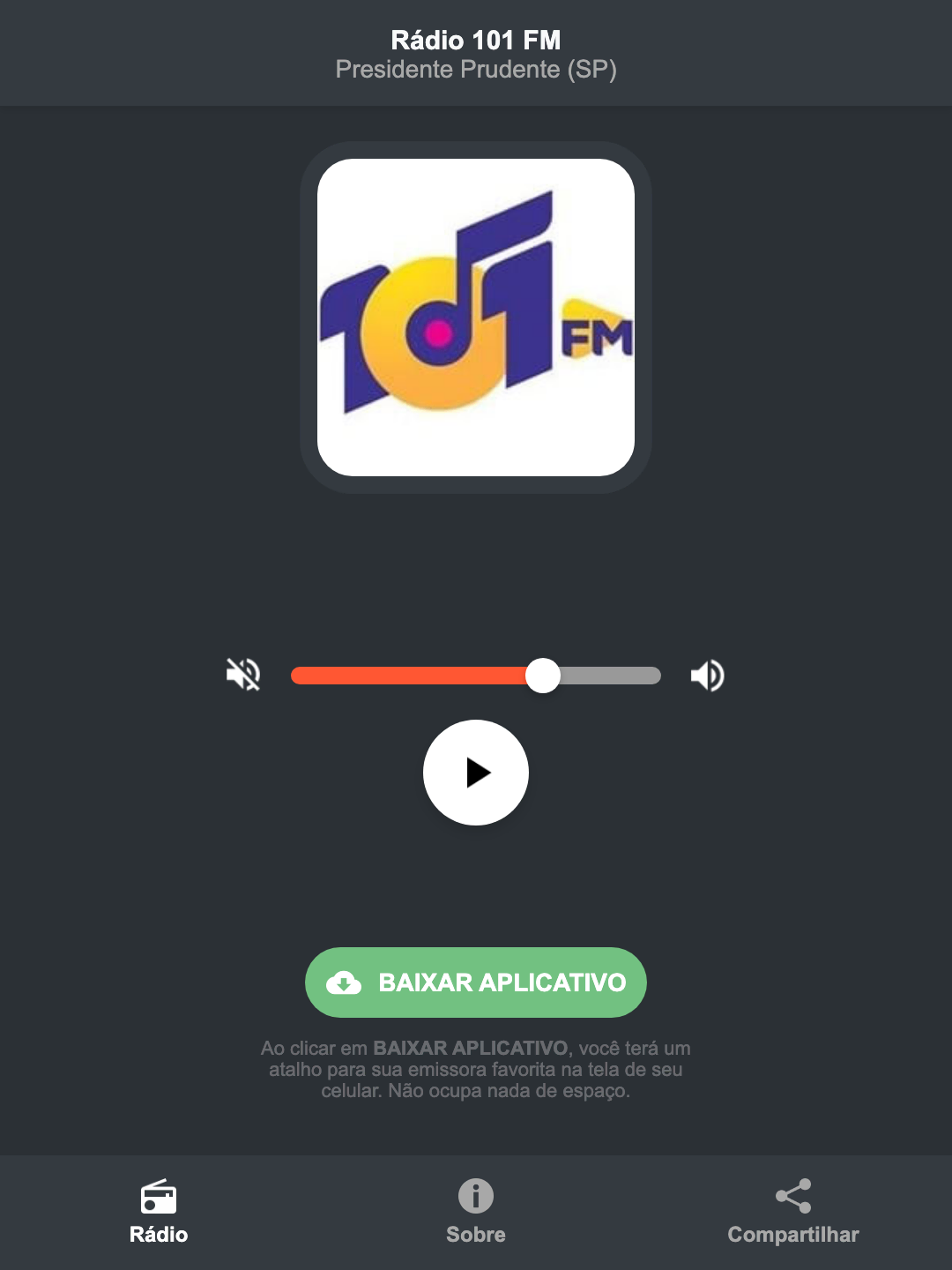 Screenshot do aplicativo da Rádio 101 FM