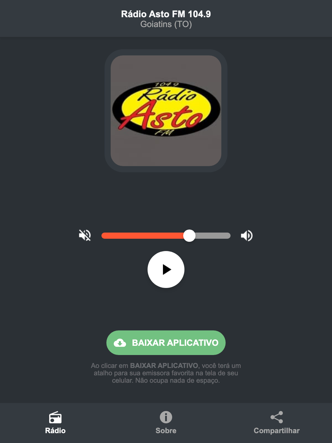 Screenshot do aplicativo da Rádio Asto FM 104.9